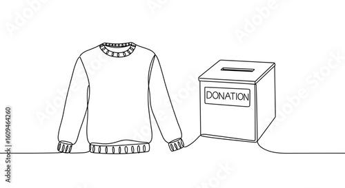 Sweater being donated with donation box in simple line art style  