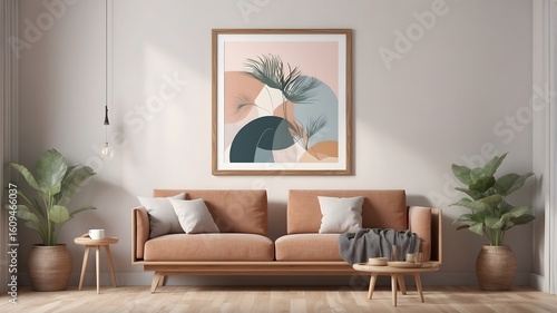 Mock up poster frame in Scandinavian style interior. 3D illustration stock photo