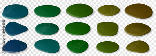 Realistic vector set of multicolored paint or varnish drops on the plain surface. Collection of puddles isolated on transparent background