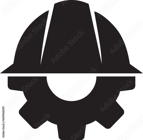 Construction helmet on the gear icons set, vector illustration