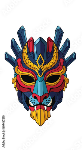 A vibrant, winged celestial mask with ornate details and a starry night background.