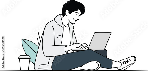 Young Person Working on Laptop Outdoors - Remote Work, Freelance, Digital Nomad, Study, Online Learning, Casual, Relaxed, Productivity, Internet, Technology, Modern Lifestyle, Flat Design, Vector Illu