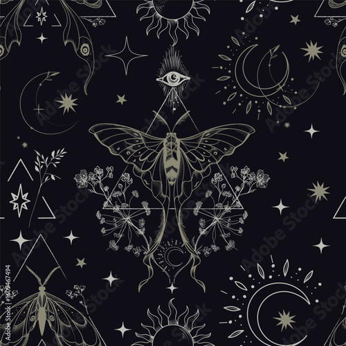 Fashion boho dark pattern with bohemian butterflies, celestial symbols, dark background, witch style design