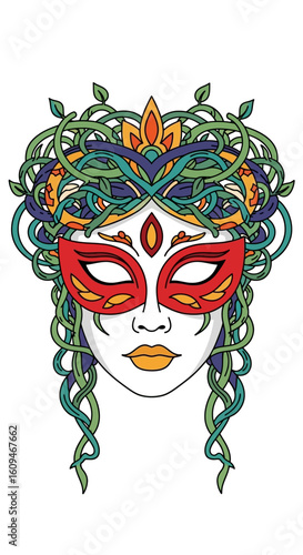 Ornate, colorful mask design, featuring a woman's face, adorned with vines and floral patterns.