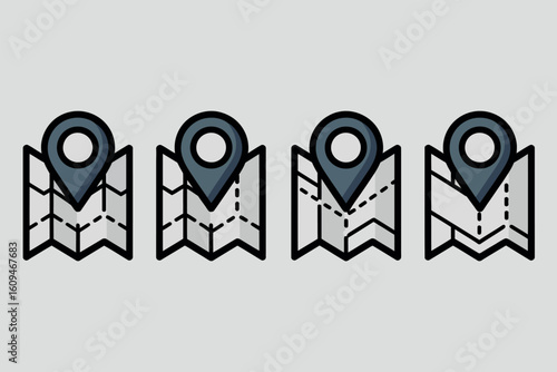 Four stylized map icons with location pins