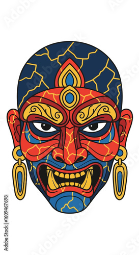 Stylized illustration of a fierce, traditional deity mask with red and blue cracked patterns.