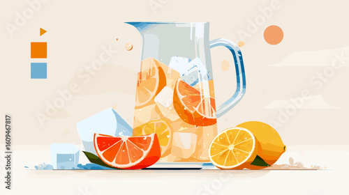 Fresh lemonade pitcher with citrus fruits and ice cubes  