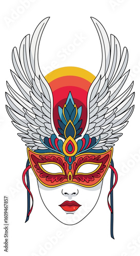 Ornate carnival mask with elaborate feathered wings, vibrant colors, and intricate design.