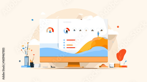 Colorful digital workspace with computer and creative tools on desk  