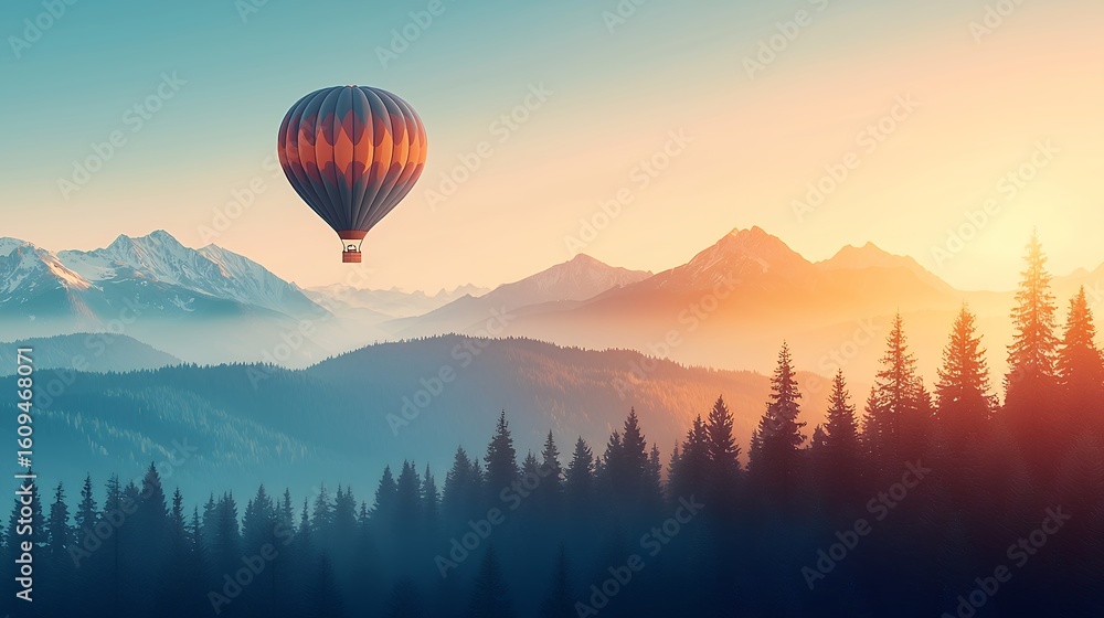 Fototapeta premium Hot air balloon adventure over mountain range shrouded in mist at sunset