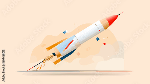 Colorful rocket launching with motion lines on pastel background  