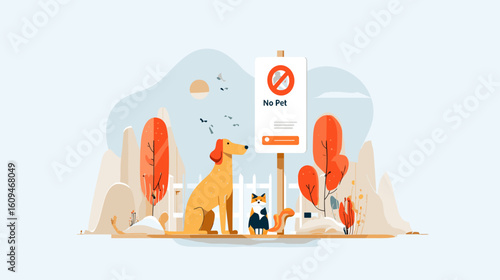 Cartoon animals sitting near no pets sign in autumn scenery  