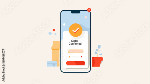 Mobile phone displaying order confirmation screen with design elements  