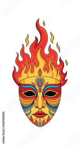 A vibrant, stylized mask with fiery flames erupting from its top, featuring intricate colorful patterns and a human-like facial structure.