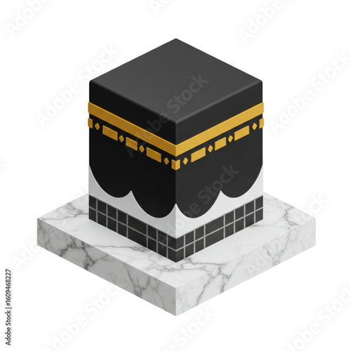 Isometric illustration of the Kaaba, Islam's holiest site, resting on a marble base.