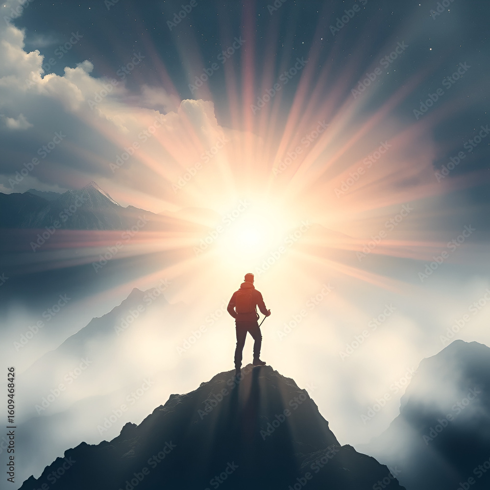 Obraz premium Endurance influence radiating tenacity, illustrating the capability to persist against odds copy space, concept of resilience, ethereal, Composite, Mountain backdrop