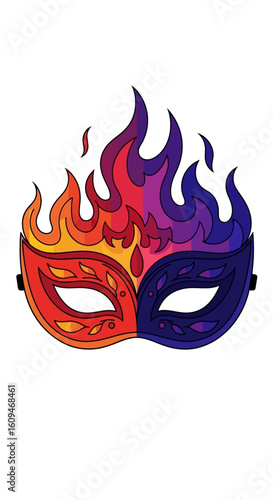 Fiery masquerade mask, half red, half blue flames, elegant design.