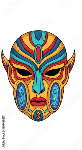 A vibrantly colored illustration of an ornate, symmetrical tribal mask with pointed ears and blue spiral cheek designs.
