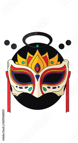 Ornate Venetian-style mask, vibrant colors, black circle background.