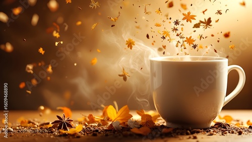 A steaming cup with aromatic spices and autumn leaves floating around, evoking a warm, cozy fall atmosphere.