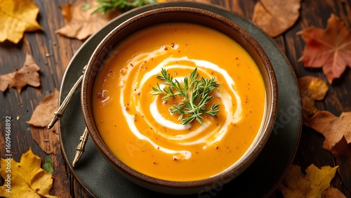 Creamy pumpkin soup garnished with herbs and cream, served in a rustic bowl surrounded by autumn leaves.
