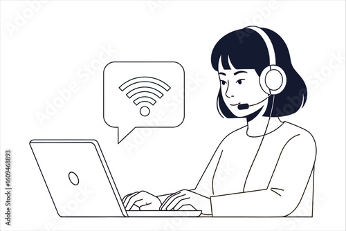 Line art illustration of a female operator with a headset typing on a laptop with a Wi-Fi symbol.