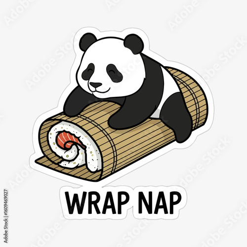Adorable Panda Bear Napping Comfortably on a Sushi Roll Illustration.