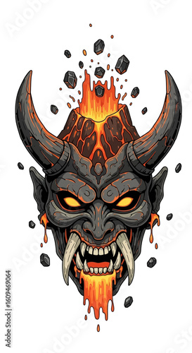 Fiery Oni mask erupting with lava, a graphic design.