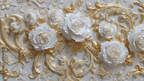 Luxurious White and Gold Floral Relief Art Featuring Baroque Scrollwork and Blooming Roses