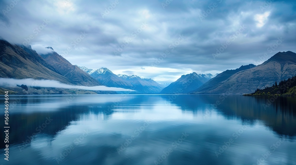 Naklejka premium Lake Wakatipu, New Zealand: Alpine-Encircled Glacial Waters, Queenstown Shores, and Scenic South Island Landscapes