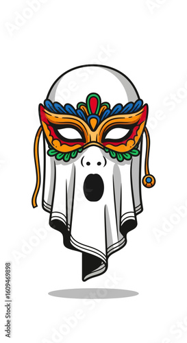 A whimsical illustration of a ghostly figure wearing an ornate masquerade mask.