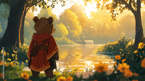 Cartoon bear adventurer exploring a magical forest near a golden river at sunset