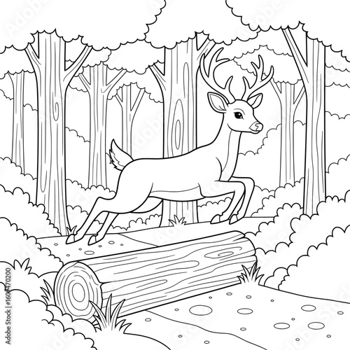 Jumping Deer in Forest — Wildlife Coloring Page for Kids Featuring Running Animal Over Log Pathway in Cartoon Style