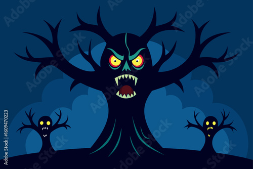 cursed tree human face scream night haunted forest magic death