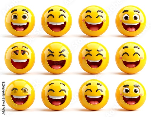 Collection of happy and laughing yellow emoji faces with expressive eyes and wide smiles, representing joy and positive emotions.