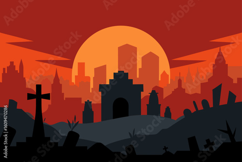 destroyed city in distance