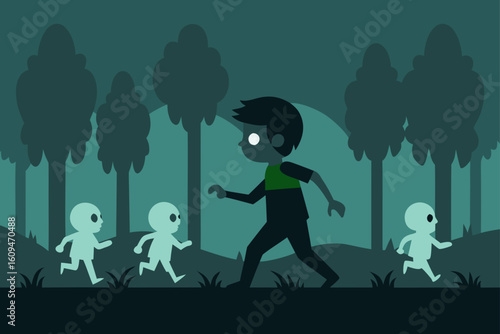 ghostly child leading zombies