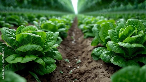 Rows of vibrant green lettuce plants growing in neat lines on a farm with rich, brown soil.