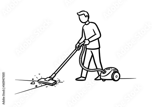 A man uses a vacuum cleaner to clean a floor, a simple illustration of household chores.