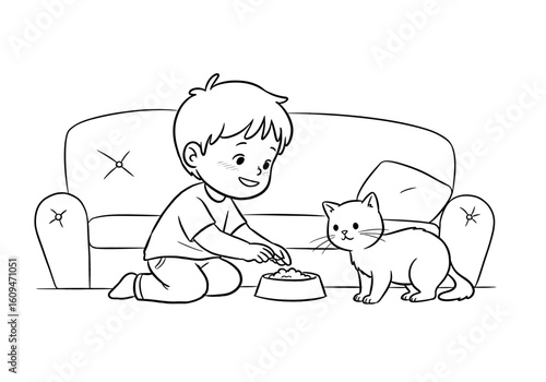 A young child happily feeds a small cat from a bowl inside a living room.