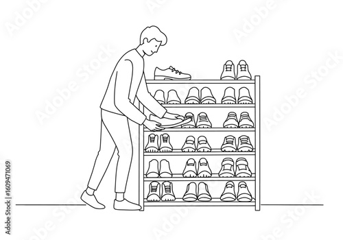 Man selecting shoes from a multi-tiered shoe rack in a store.