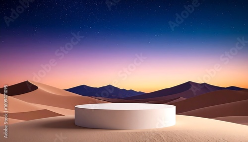 Empty white cylinder pedestal on a desert dune landscape at sunrise