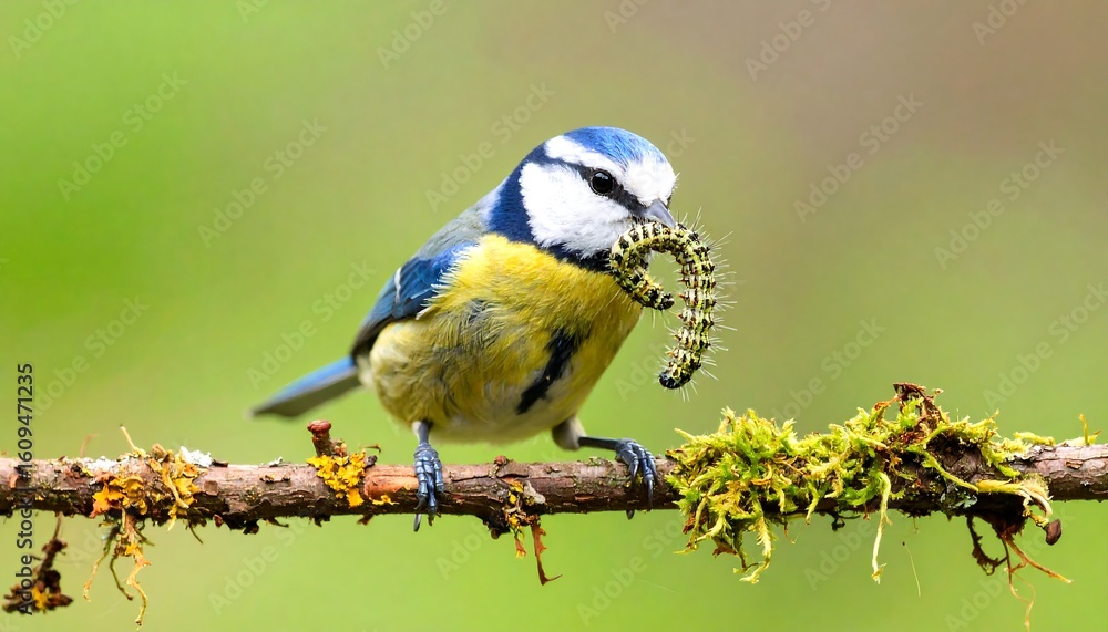 Obraz premium A blue tit bird with a worm in its beak perched on a branch