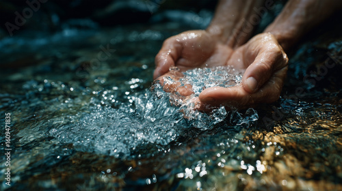 A person is holding their hands under a stream of water