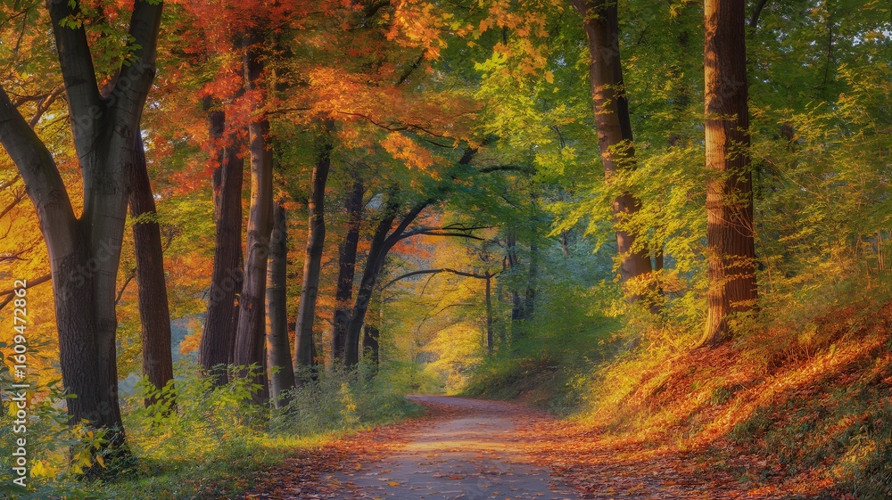 Fototapeta premium Vibrant autumn forest path bathed in golden sunlight
