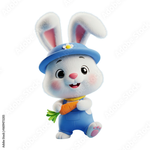 cute 3d cartoon bunny in blue outfit with carrot isolated on a transparent background