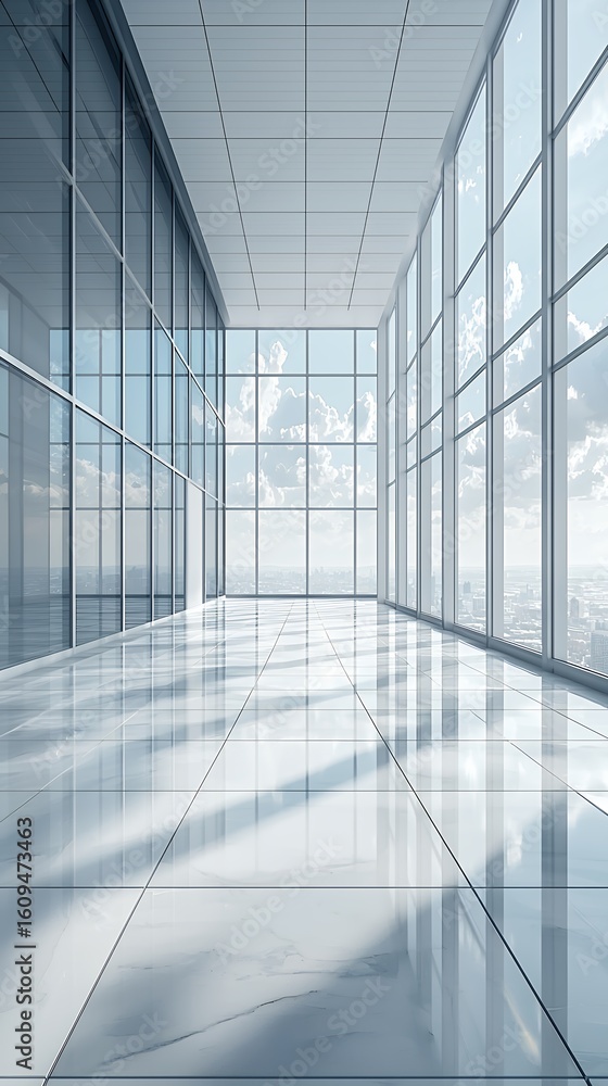 Obraz premium Modern Office Corridor with Panoramic Views and Reflective Tile Flooring