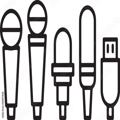 Microphone Types Icon Set – Dynamic, Condenser, Lavalier, Shotgun, and USB Mics in Linear Style
