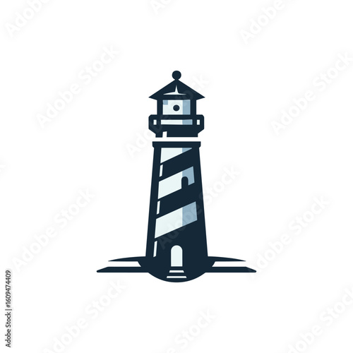 A tall, striped lighthouse standing on a rocky shore, guiding ships safely at dusk with waves crashing