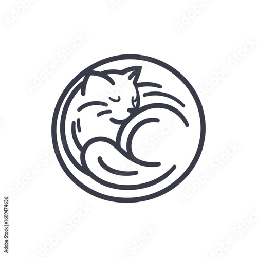A serene cat curled up comfortably in a circular design, symbolizing tranquility and warmth